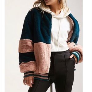 Faux fur color block jacket